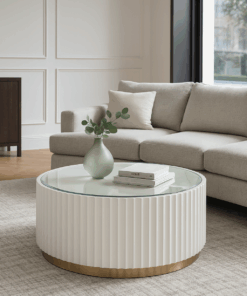 STOLIK KAWOWY, okrąły, biały, złota szczotkowana podstawa, ryflowany korpus, nowoczesny design