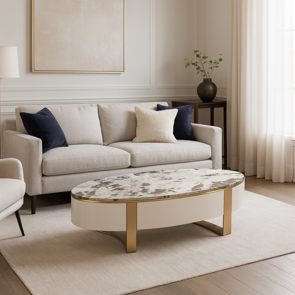 STOLIK KAWOWY, owalny, złote akcenty, kamienny blat, nowoczesny design