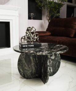 STOLIK KAWOWY, okrągły, z czarnego trawertynu, designerska podstawa, okrągły blat, nowoczesny styl