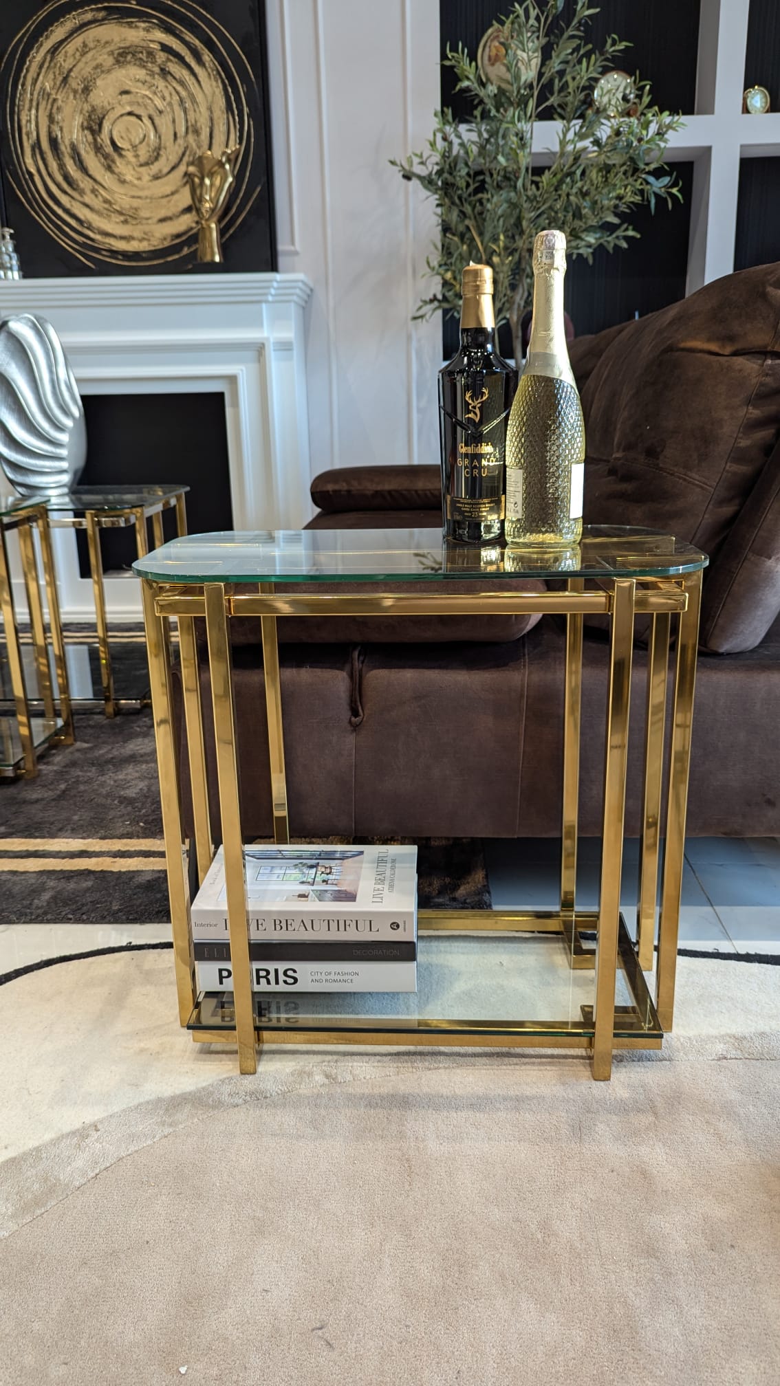 STOLIK POMOCNICZY Elisse, metalowy stelaż, szklane blaty, nowoczesny styl glamour 2