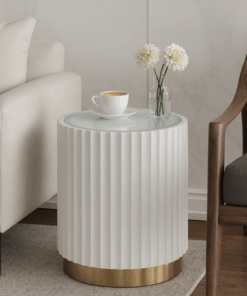 STOLIK POMOCNICZY, okrągły, ryflowany korpus, lustrzany blat, złote elementy, nowoczesny design
