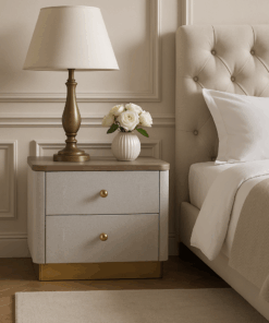 SZAFKA NOCNA, złote nogi, beżowo-szare fronty z ekoskóry, ponadczasowy design