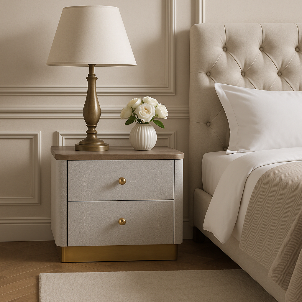 SZAFKA NOCNA, złote nogi, beżowo-szare fronty z ekoskóry, ponadczasowy design 5