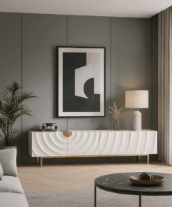 SZAFKA RTV, biała ecru, złote nóżki, wyjątkowy design, nowoczesny styl