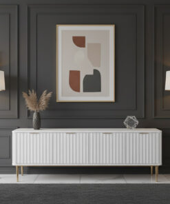 SZAFKA RTV, białe ryflowane fronty, złote szczotkowane elementy, nowoczesny design