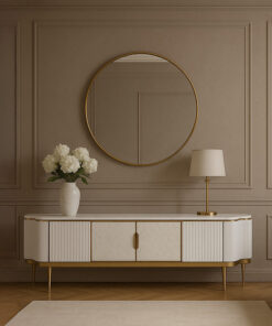 SZAFKA RTV, biały ecru, marmurowy blat, ryflowane elementy, nowoczesny design