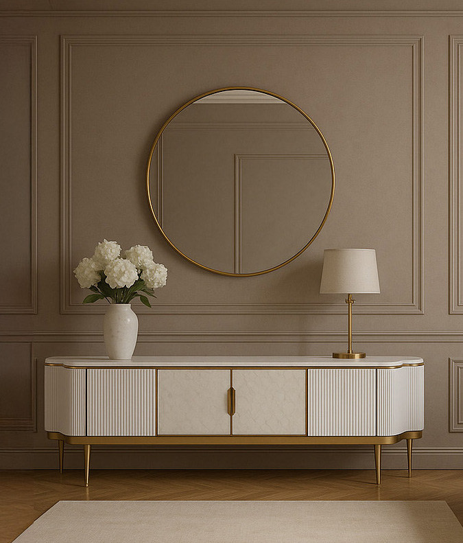 SZAFKA RTV, biały ecru, marmurowy blat, ryflowane elementy, nowoczesny design