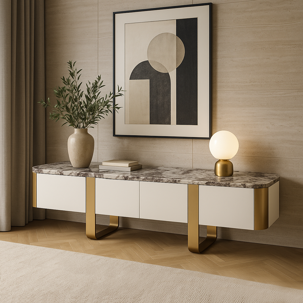 SZAFKA RTV, złote akcenty, kamienny blat, wyjątkowy design 1 SZAFKA RTV, złote akcenty, kamienny blat, wyjątkowy design