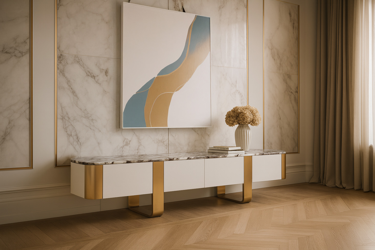 SZAFKA RTV, złote akcenty, kamienny blat, wyjątkowy design