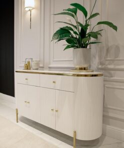 KOMODA Anne biała, ryflowana na złotych metalowych nóżkach, blat z konglomeratu marmurowego, nowoczesny styl
