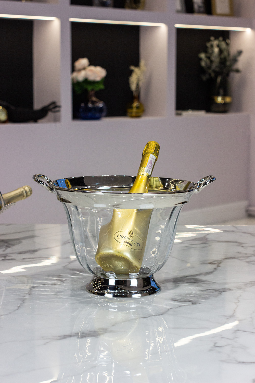 COOLER szklany z srebrnymi, metalowymi detalami, klasyczny styl, ekskluzywny