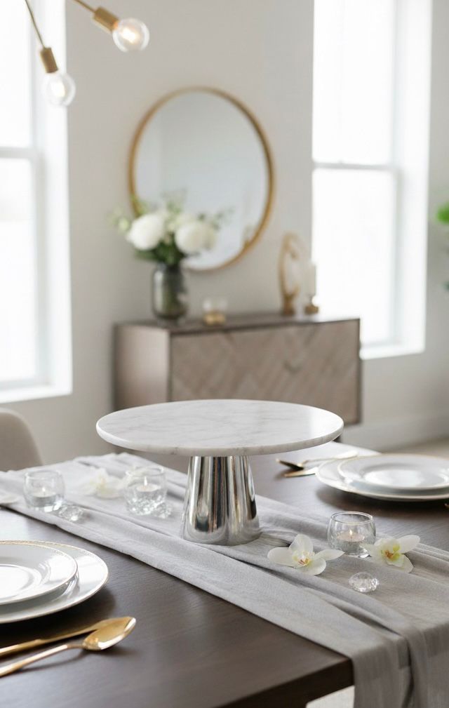 PATERA srebrna noga, marmurowa, biała taca, nowoczesny styl, ekskluzywna