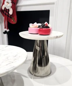 PATERA wysoka srebrna noga, taca z białego marmuru, nowoczesny design