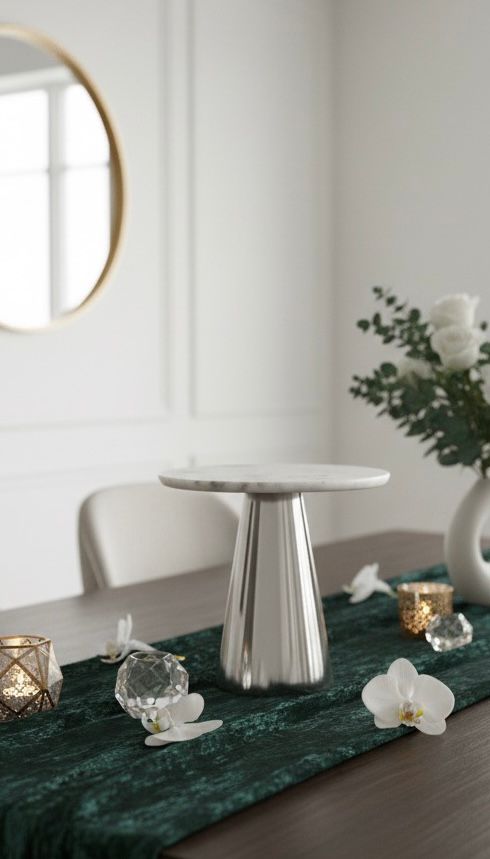 PATERA wysoka srebrna noga, taca z białego marmuru, nowoczesny design, piękna