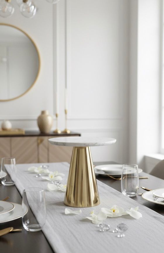 PATERA wysoka złota noga, taca z białego marmuru, nowoczesny design, piękna