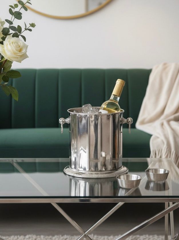 POJEMNIK NA LÓD-COOLER srebrny, metalowy, klasyczny styl POJEMNIK NA LÓD-COOLER srebrny, metalowy, klasyczny styl