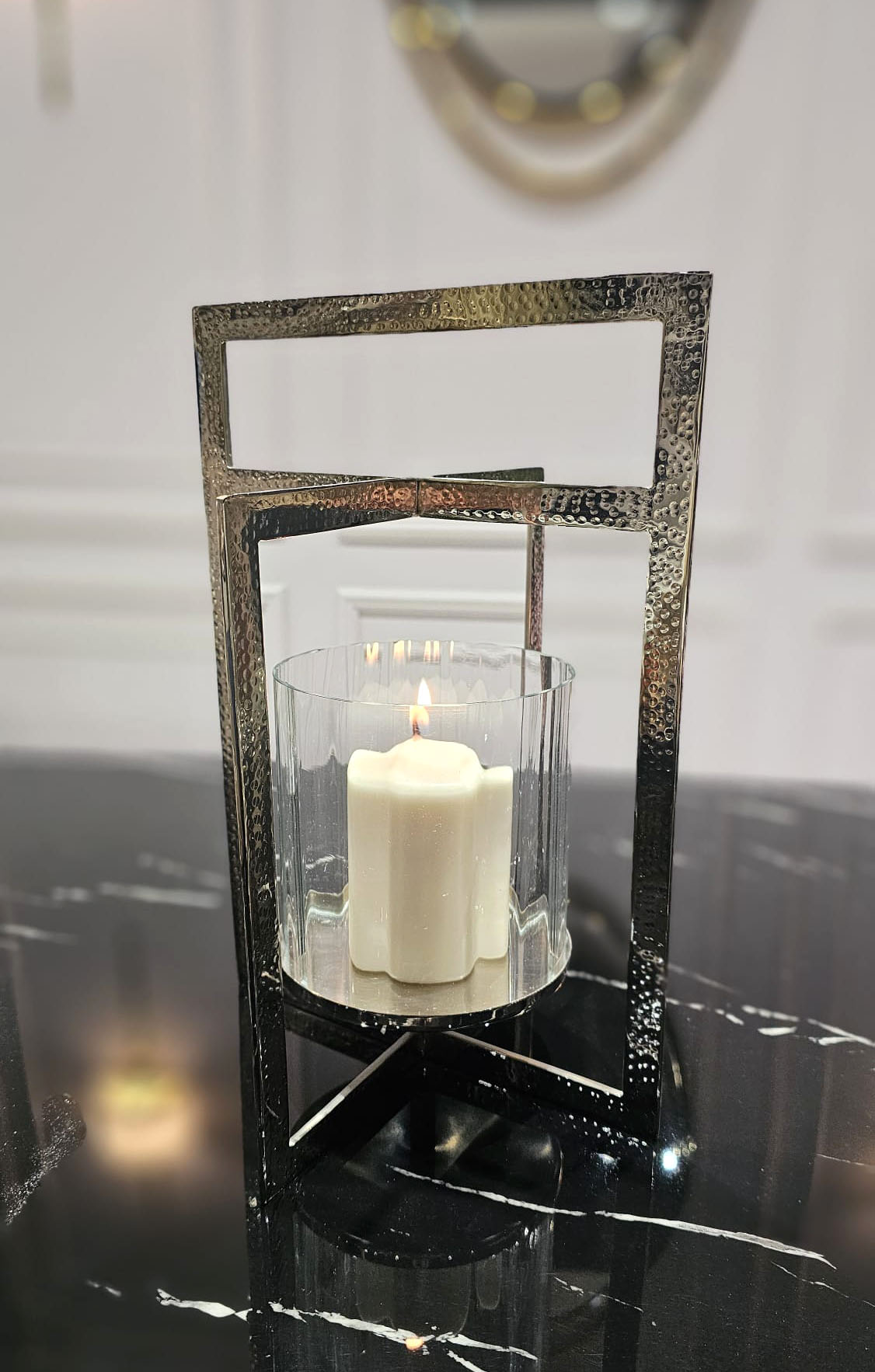 ŚWIECZNIK, srebrny, transparentny, geometryczna forma, klasyczny styl, mały, piękny