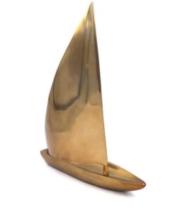 FIGURKA DEKORACYJNA duży model żaglówki, aluminiowa, złote wykończenie, piękna