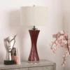 LAMPA-STOLOWA-z-fioletowa-szklana-podstawa-bialy-lniany-abazur-srebrne-metalowe-detale