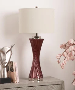 LAMPA-STOLOWA-z-fioletowa-szklana-podstawa-bialy-lniany-abazur-srebrne-metalowe-detale