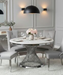 STÓŁ Emporio okrągły, blat ze sztucznego marmuru, srebrna, błyszcząca zakręcona, designerska podstawa, klasyczny glamour - 150 cm