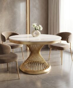 STÓŁ Emporio okrągły, blat ze sztucznego marmuru, zakręcona, designerska podstawa w złotym szczotkowanym wykończeniu, klasyczny glamour - 110 cm