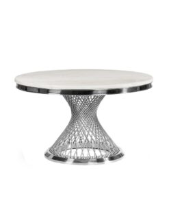 STÓŁ Emporio okrągły, blat z konglomeratu marmurowego, srebrna, błyszcząca zakręcona, designerska podstawa, klasyczny glamour - 100 cm