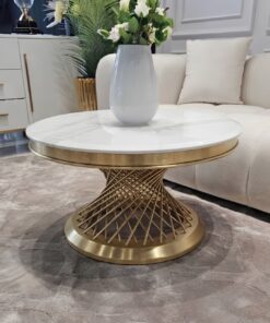 STOLIK KAWOWY Emporio Gold Fosco, okrągły, blat ze sztucznego marmuru, złota, szczotkowana zakręcona, designerska podstawa, klasyczny glamour - 60 cm