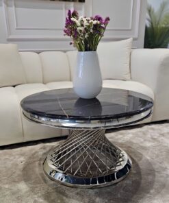 STOLIK KAWOWY Emporio, okrągły, blat ze sztucznego marmuru, srebrna, błyszcząca zakręcona, designerska podstawa, klasyczny glamour - 100 cm