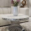 STOLIK KAWOWY Emporio, okrągły, blat ze sztucznego marmuru, srebrna, błyszcząca zakręcona, designerska podstawa, klasyczny glamour - 80 cm