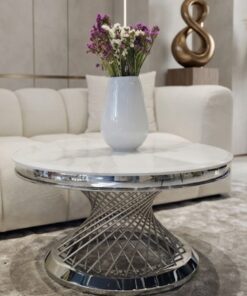 STOLIK KAWOWY Emporio, okrągły, blat ze sztucznego marmuru, srebrna, błyszcząca zakręcona, designerska podstawa, klasyczny glamour - 80 cm