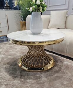 STOLIK KAWOWY Emporio, okrągły, blat ze sztucznego marmuru, złota, błyszcząca zakręcona, designerska podstawa, klasyczny glamour - 100 cm