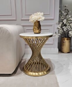 STOLIK POMOCNICZY Emporio Gold Fosco okrągły, na złotej, szczotkowanej, zakręconej podstawie, biały blat z konglomeratu marmurowego, designerski styl