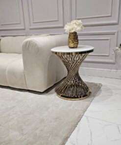 STOLIK POMOCNICZY Emporio okrągły, na złotej, błyszczącej zakręconej podstawie, biały blat z konglomeratu marmurowego, designerski styl