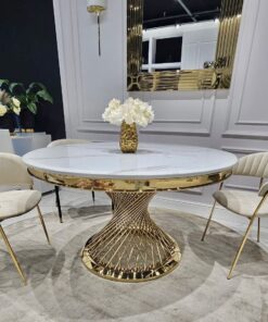 STÓŁ Emporio okrągły, blat ze sztucznego marmuru, złota, błyszcząca zakręcona, designerska podstawa, klasyczny glamour - 110 cm