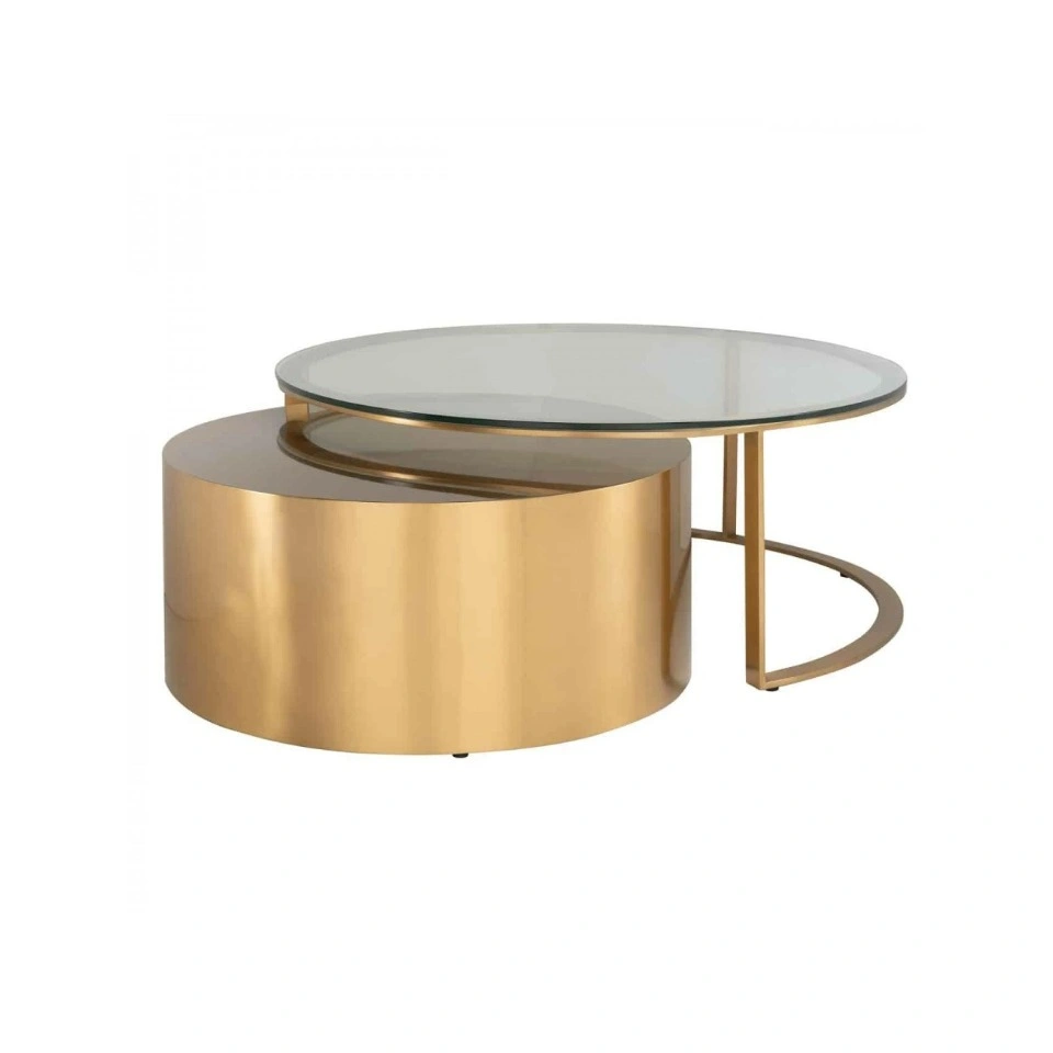 STOLIK KAWOWY ORLAN 2w1 okrągły, metalowy w kolorze szczotkowanego mosiądzu, transparentny szklany blat, nowoczesny design STOLIK KAWOWY ORLAN 2w1 okrągły, metalowy w kolorze szczotkowanego mosiądzu, transparentny szklany blat, nowoczesny design